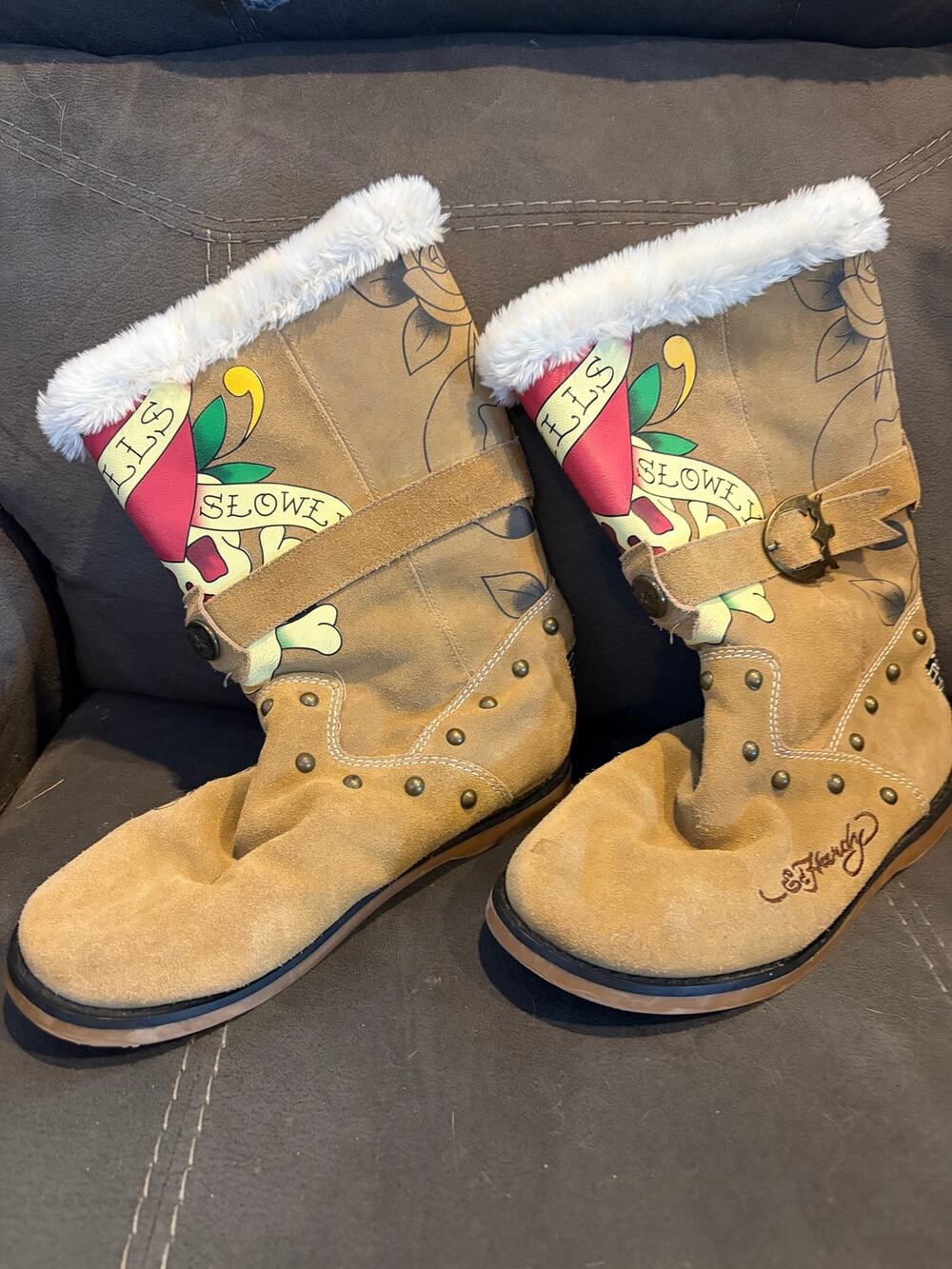 Ed Hardy leather shearling boots womens size 8- Preowned